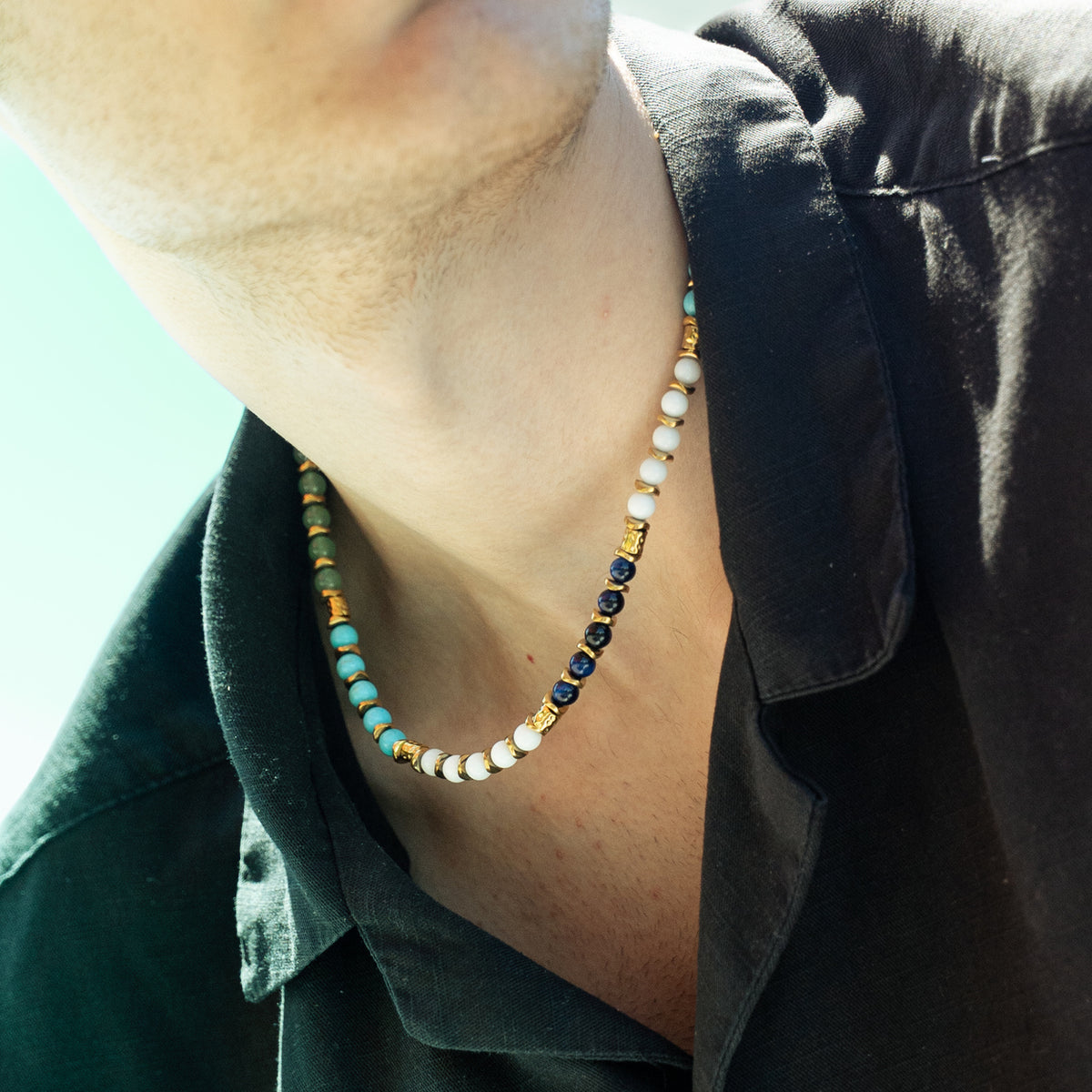 Collana Macaron in howlite turchese, agata bianca, occhio di tigre e avventurina | 6mm | 47cm