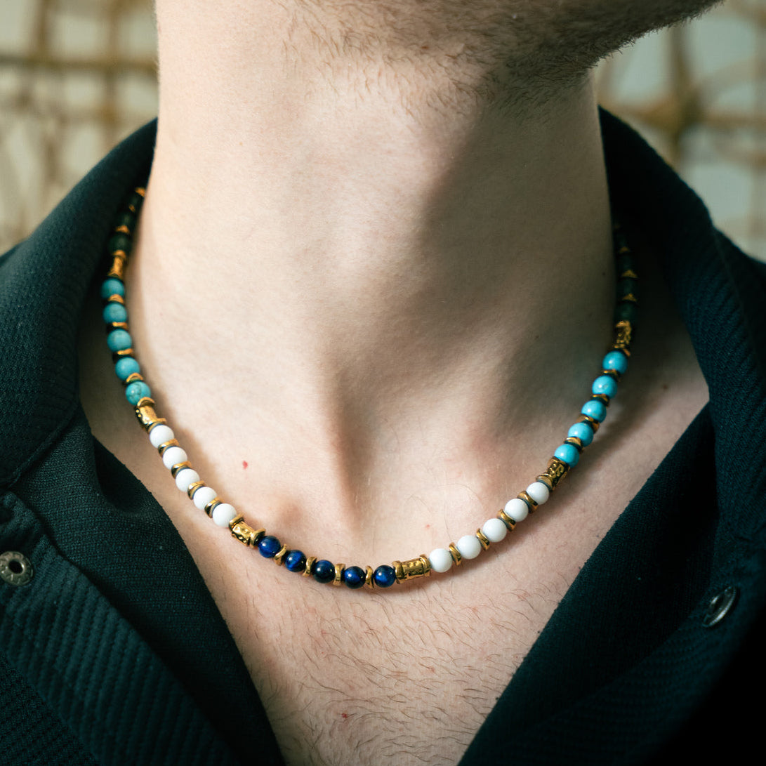 Collana Macaron in howlite turchese, agata bianca, occhio di tigre e avventurina | 6mm | 47cm