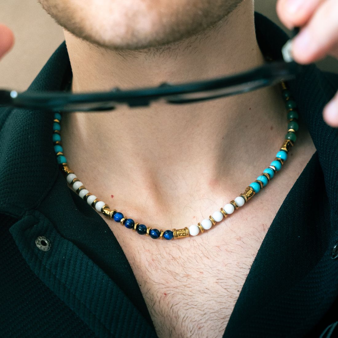 Collana Macaron in howlite turchese, agata bianca, occhio di tigre e avventurina | 6mm | 47cm