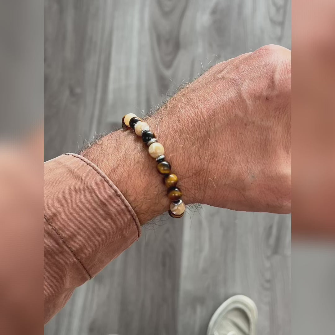 Carica video: Bracciale Sentiero in occhio di tigre e madre perla | 8mm