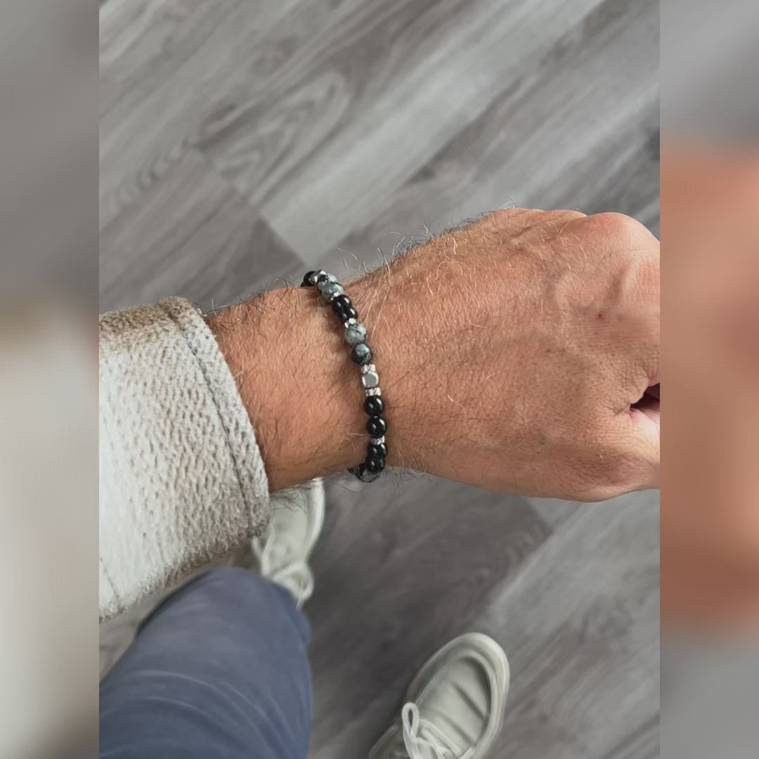 Carica video: Bracciale Fiocco in diaspro fiocco di neve e onice | 6mm